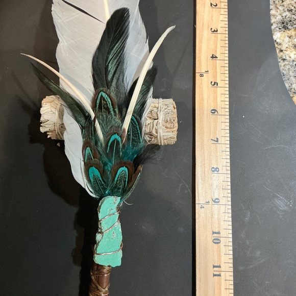 Sage Smudge Ceremonial Feather Wand Leather Turquoise - Picture 1 of 2